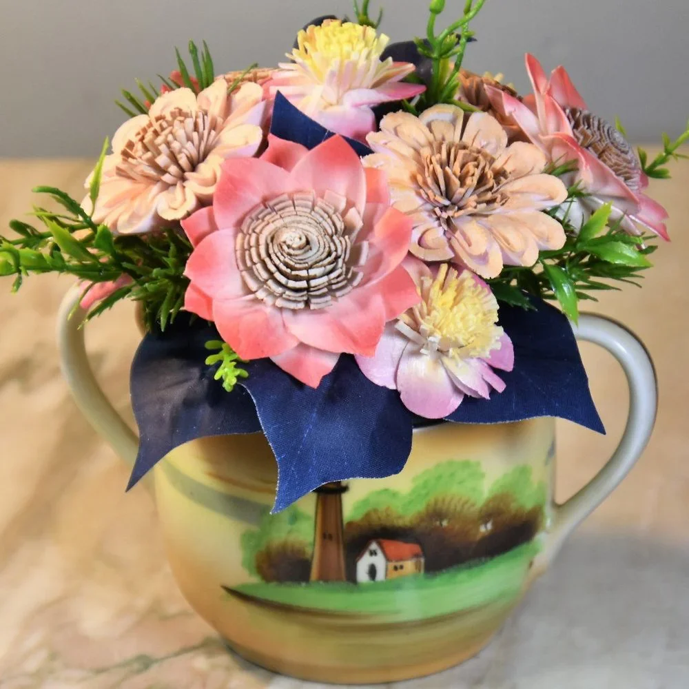Antique lusterware hand painted lighthouse sugar bowl with Sola Wood flowers